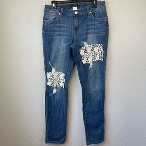 VENUS Medium Blue Straight Leg Jeans with White Lace Appliqués